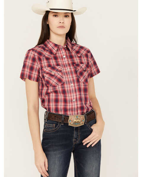 Image #1 - Wrangler Women's Plaid Print Short Sleeve Pearl Snap Western Shirt, Red, hi-res