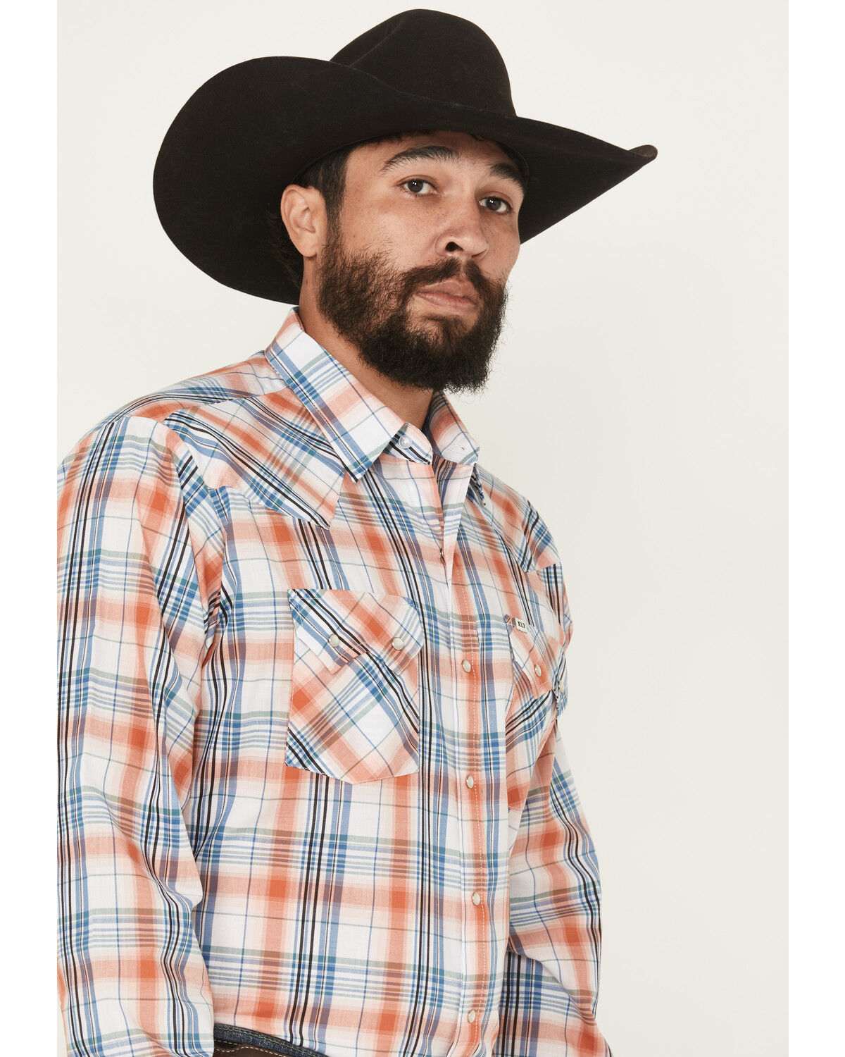Image #2 - Ely Walker Men's Plaid Print Long Sleeve Pearl Snap Western Shirt, Orange, hi-res