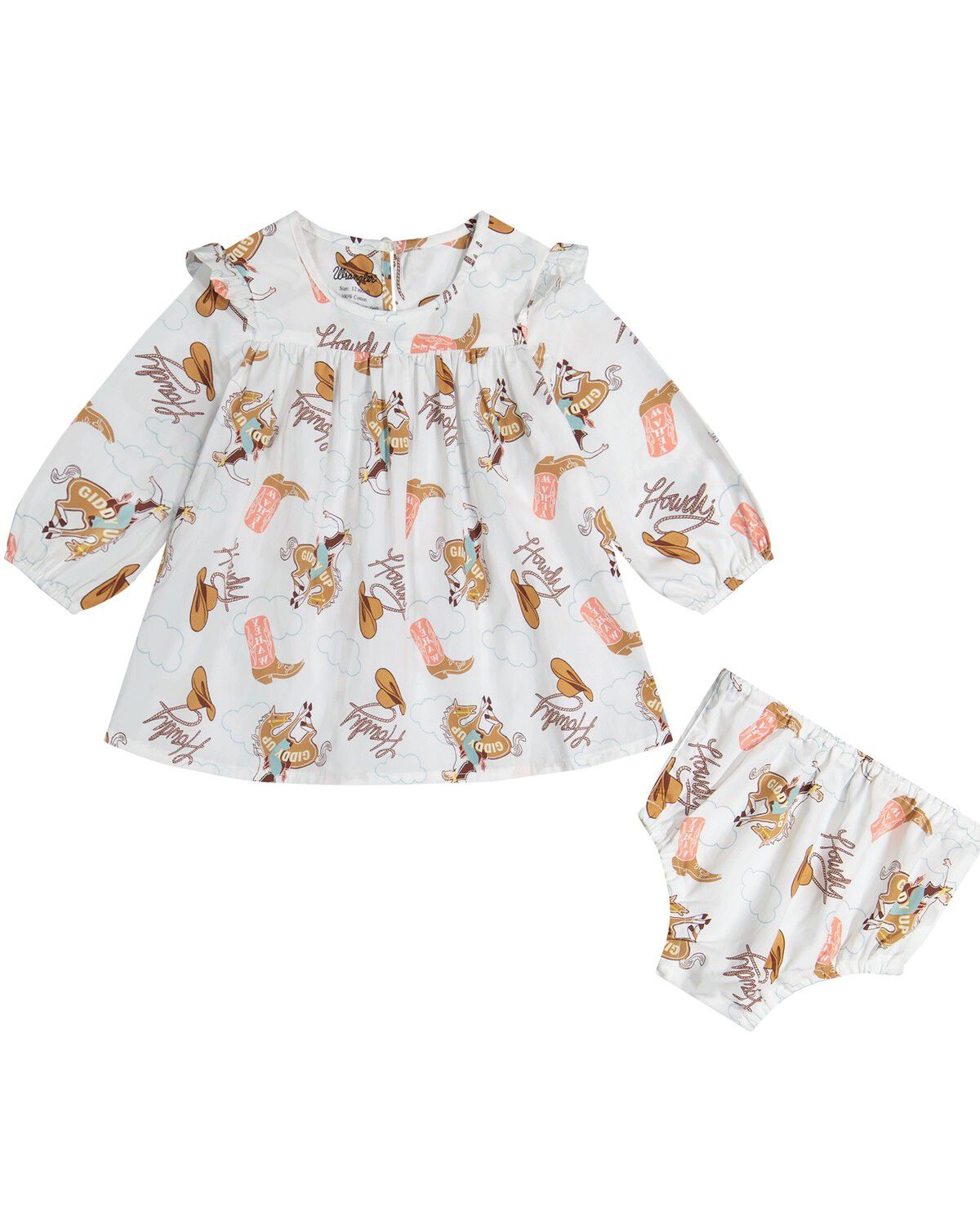 Wrangler Infant Girls' Western Conversation Print Long Sleeve Dress And Diaper Over - 2 Piece, White, hi-res