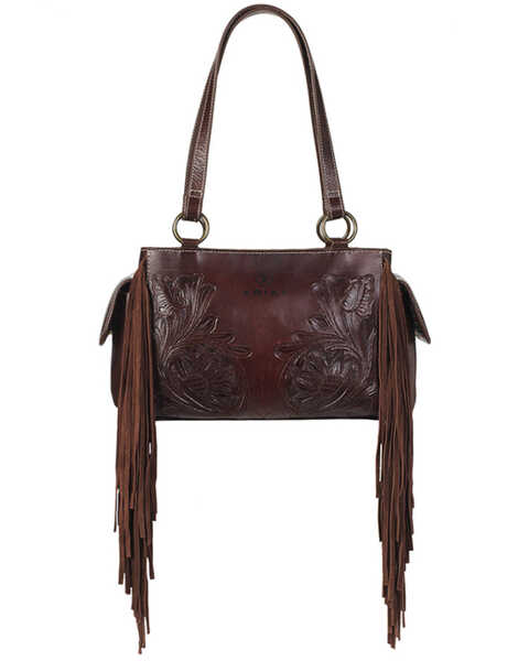 Ariat Women's Victoria Tooled Leather Fringe Concealed Carry Satchel Purse, Brown, hi-res
