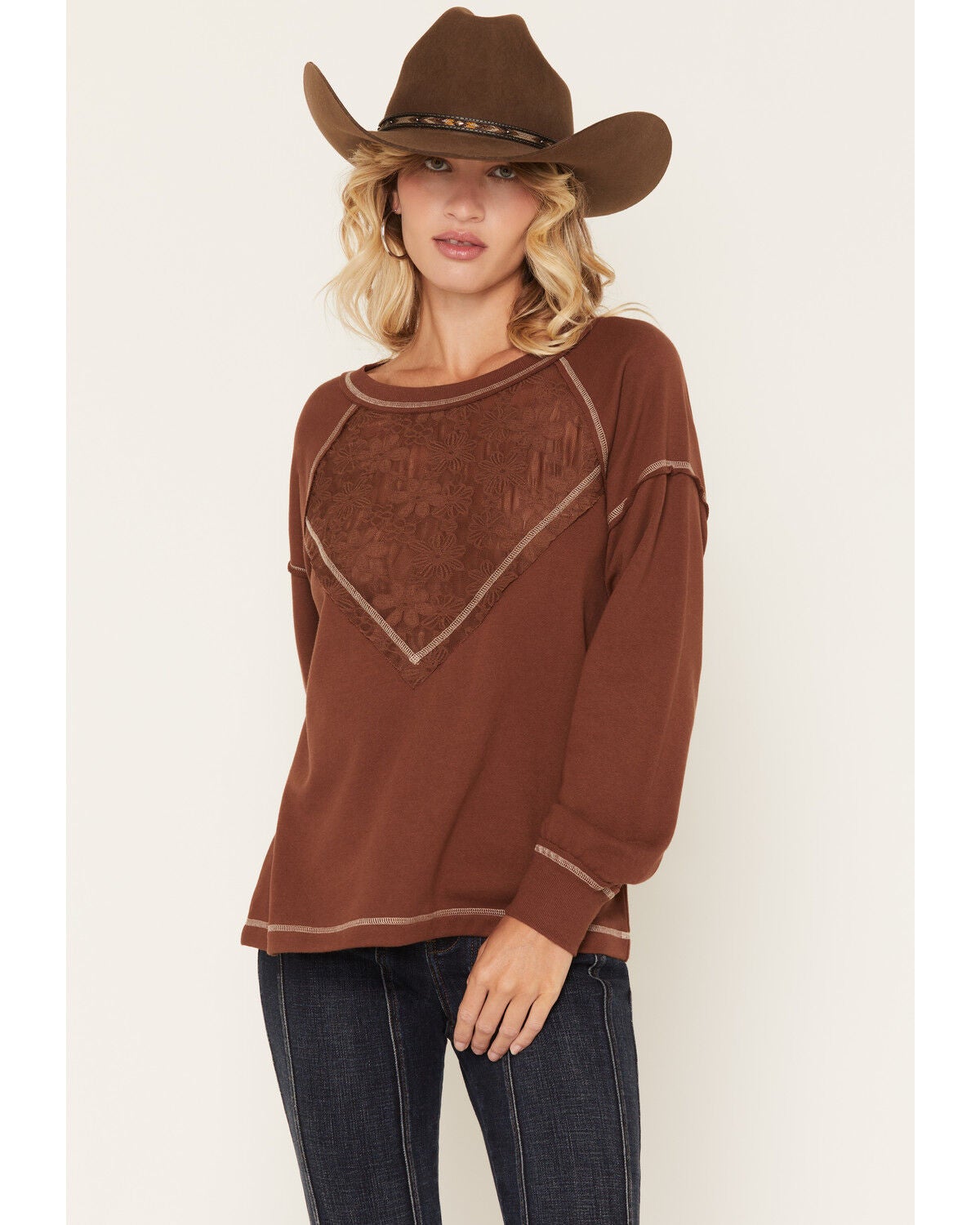 Blended Women's Lace V Long Sleeve Top, Chocolate, hi-res