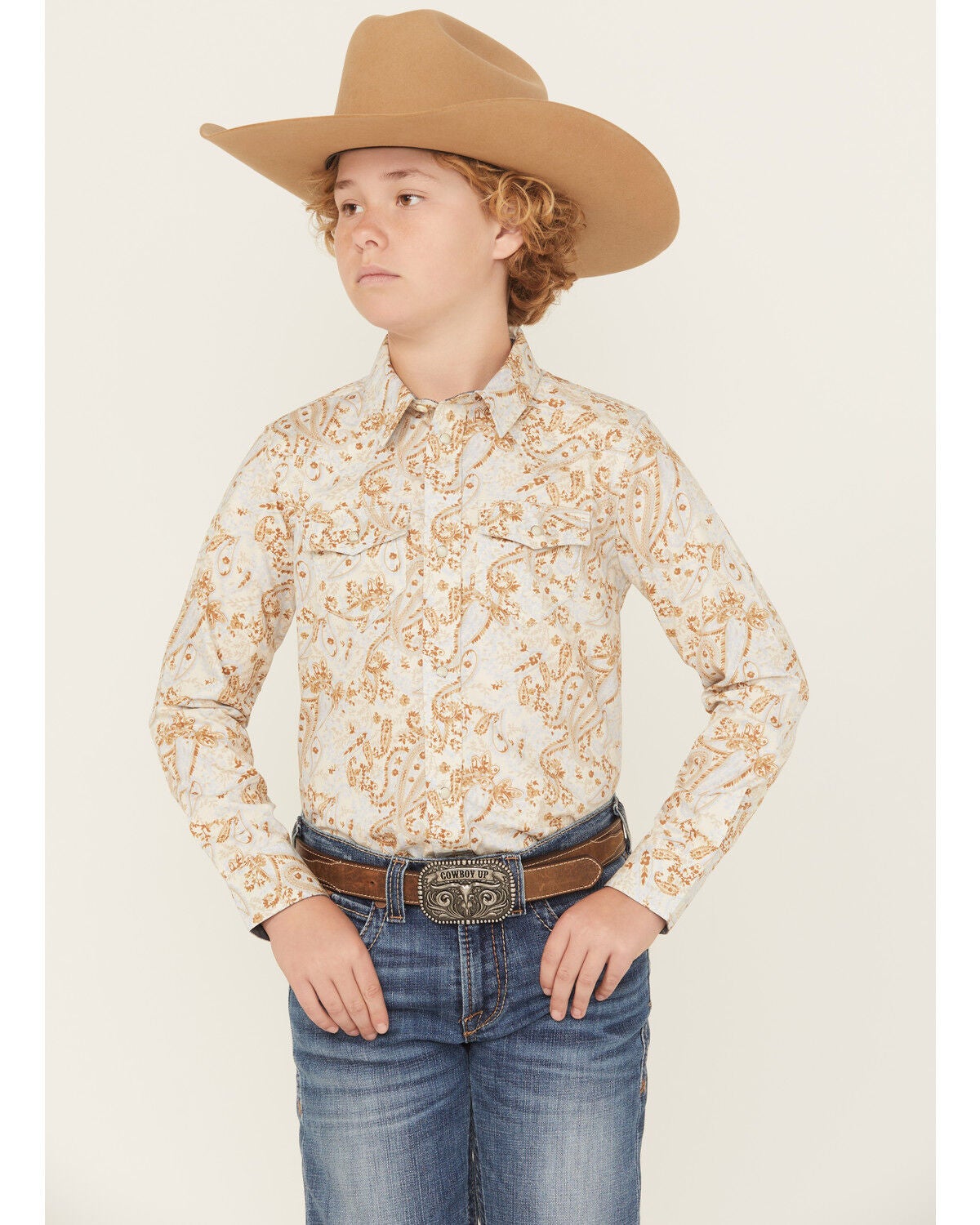 Cody James Boys' Porter Floral Long Sleeve Snap Western Shirt, Cream, hi-res
