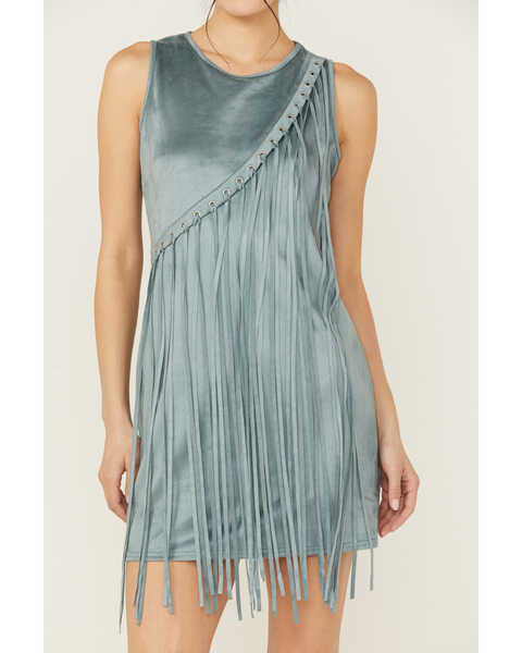 Image #4 - Rock & Roll Denim Women's Asymmetrical Fringe Sleeveless Mini Dress , Jade, hi-res