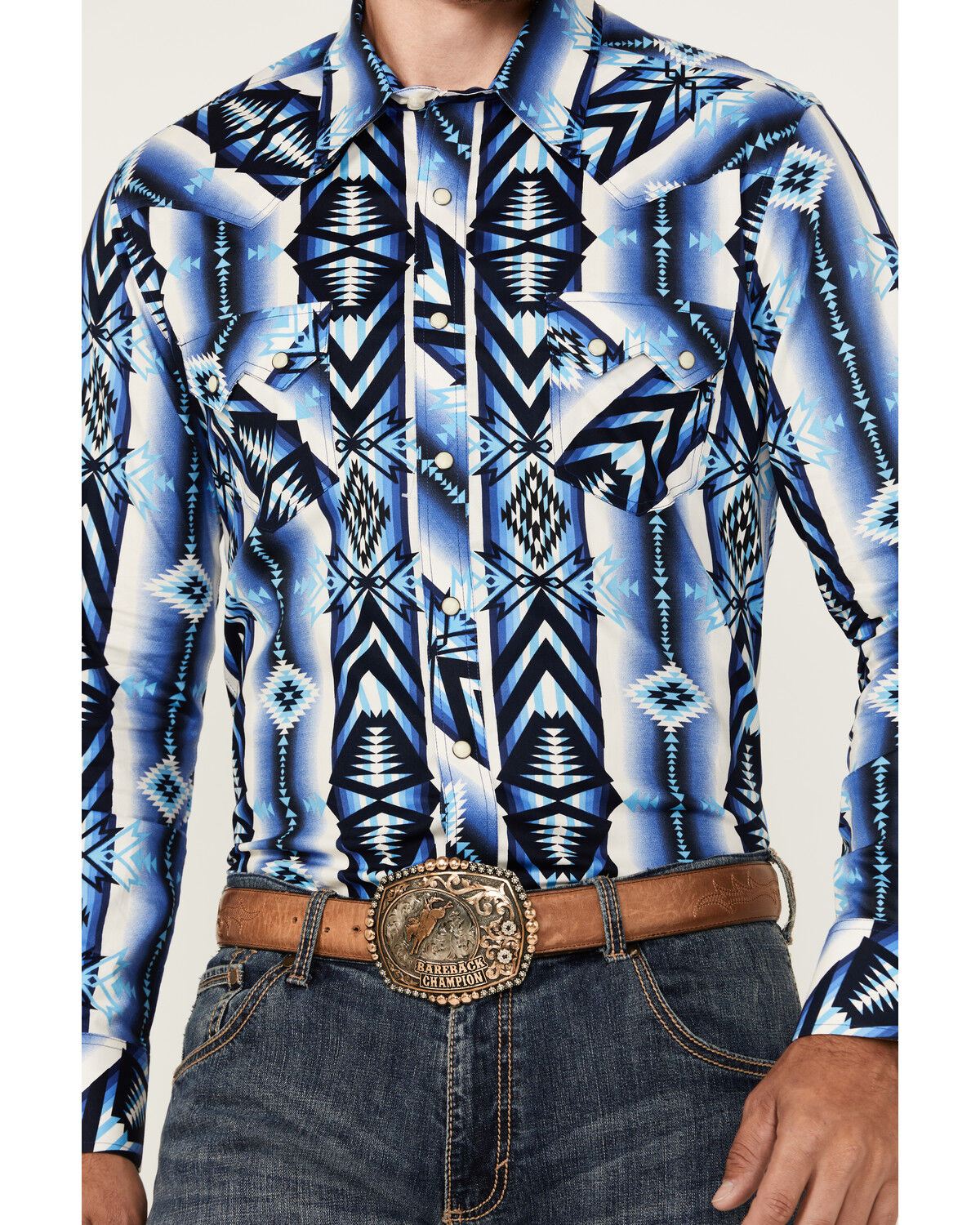 Image #3 - Rock & Roll Denim Men's Southwestern Print Long Sleeve Snap Stretch Western Shirt, Blue, hi-res