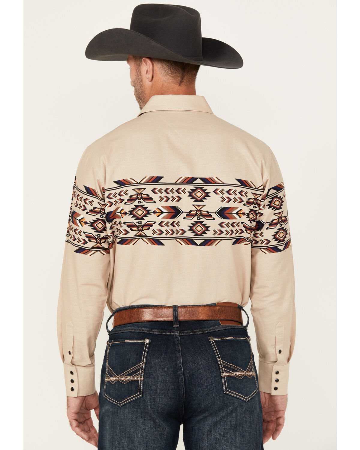 Image #4 - Panhandle Men's Thunderbird Border Print Long Sleeve Snap Western Shirt, Tan, hi-res