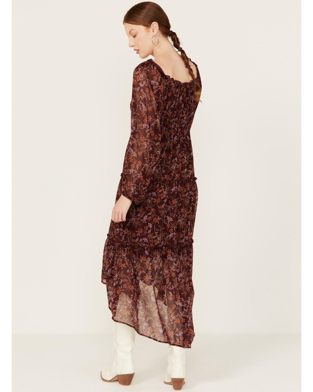 Image #4 - Wild Moss Women's Floral Print Long Sleeve Mini Dress, Burgundy, hi-res