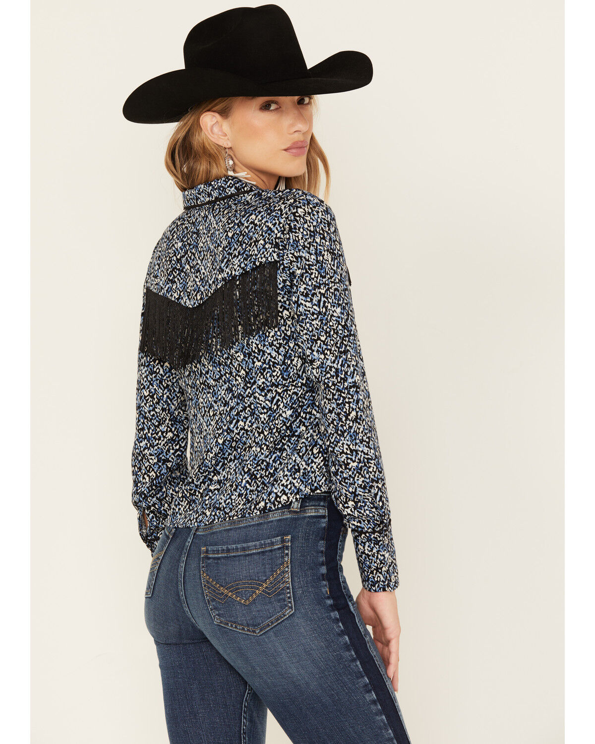 Image #4 - Idyllwind Women's Brooks Print Fringe Long Sleeve Button Down Shirt, Navy, hi-res