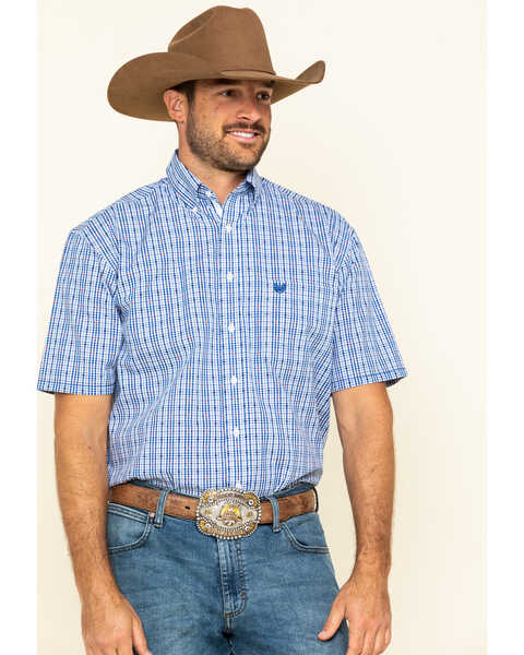 Image #1 - Rough Stock By Panhandle Men's Devlin Dobby Plaid Short Sleeve Western Shirt , Blue, hi-res