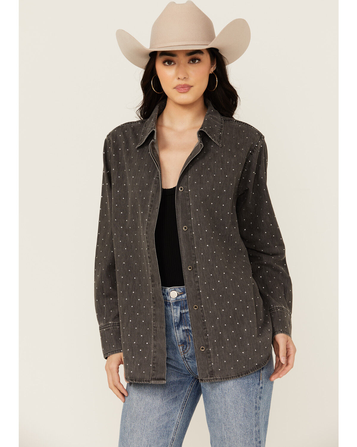 Image #1 - Blue B Women's Solid Rhinestone Long Sleeve Button-Down Shirt, Charcoal, hi-res