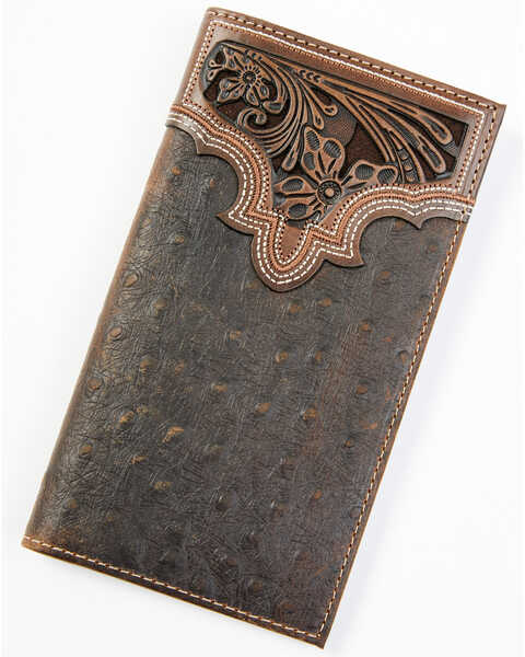 Image #1 - Cody James Men's Ostrich Tooled Checkbook Wallet, Brown, hi-res