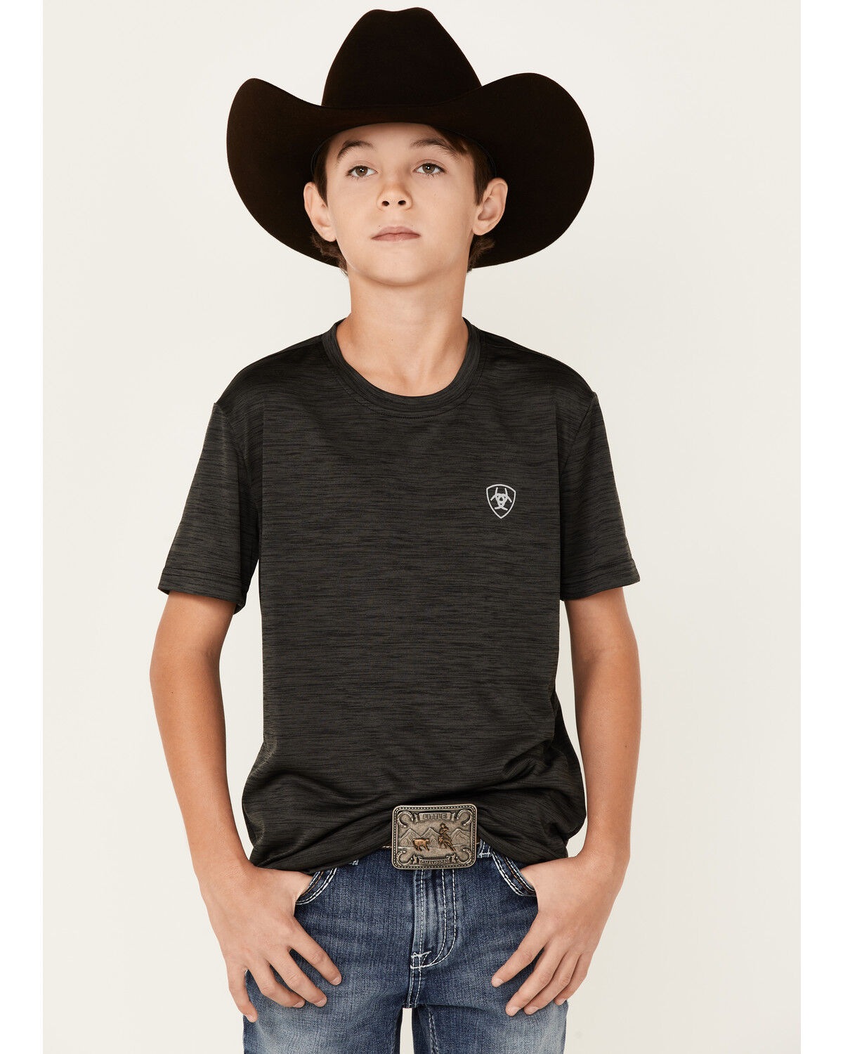Image #1 - Ariat Boys' Charger Vertical Flag Graphic Short Sleeve T-Shirt, Charcoal, hi-res