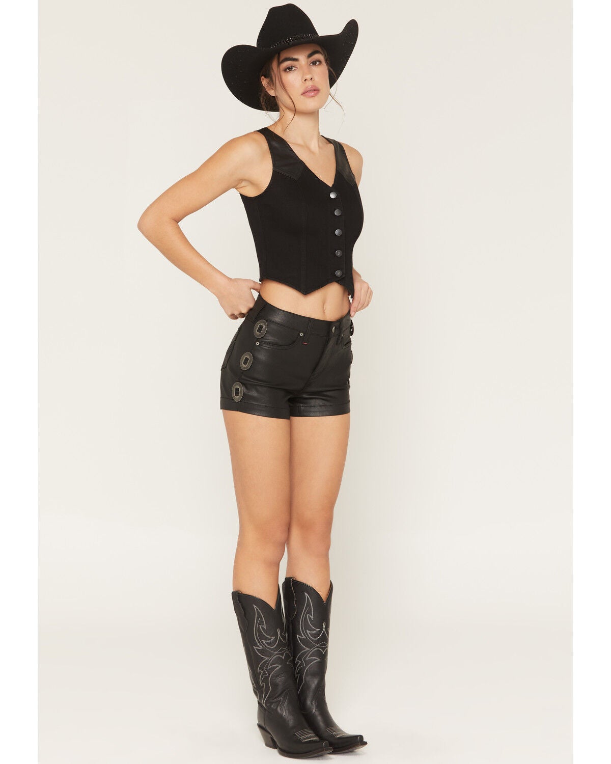 Image #1 - Idyllwind Women's Ellie High Rise Concho Trim Coated Shorts, Black, hi-res