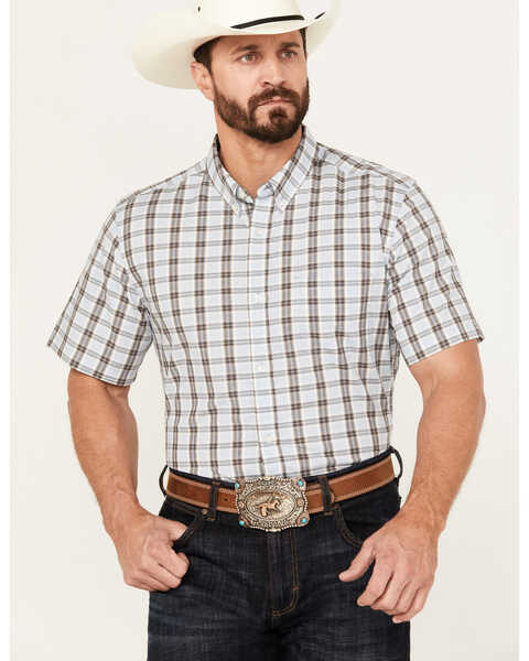 Image #1 - Cody James Men's Bryce Plaid Print Short Sleeve Button-Down Stretch Western Shirt - Big, Light Blue, hi-res