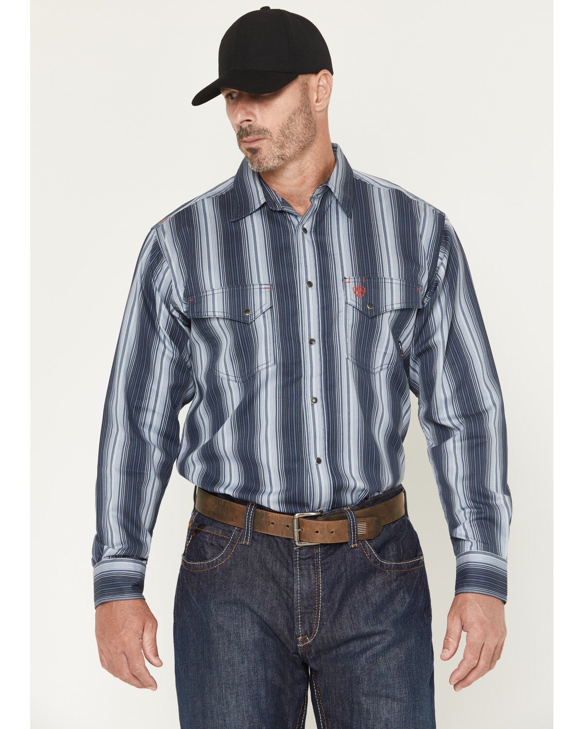 Image #1 - Ariat Men's FR Carlton Striped Long Sleeve Snap Work Shirt, Navy, hi-res
