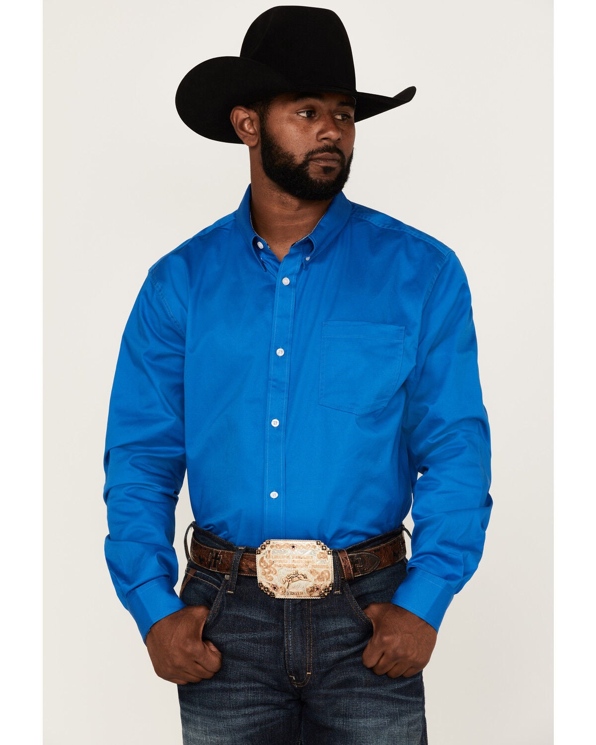 RANK 45&reg; Men's Solid Basic Twill Logo Long Sleeve Button-Down Western Shirt, Royal Blue, hi-res