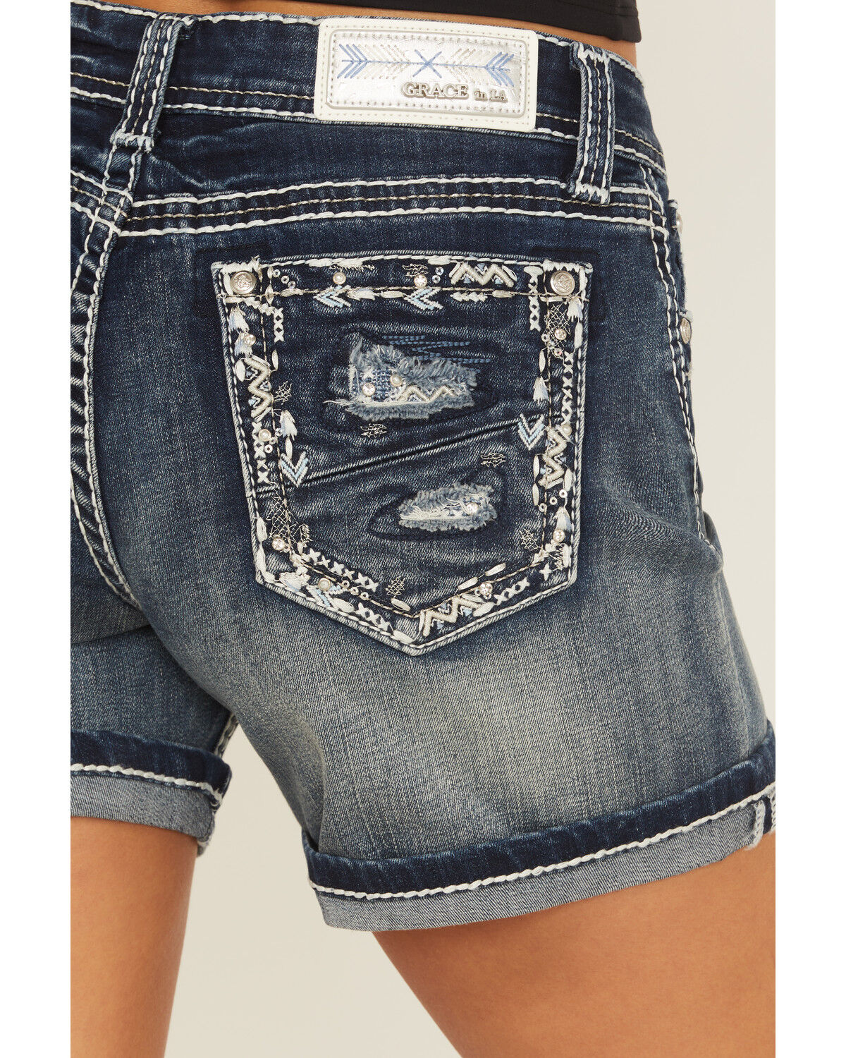 Image #2 - Grace In LA Women's Medium Wash Mid Rise Embroidered Stretch Denim Shorts, Medium Wash, hi-res