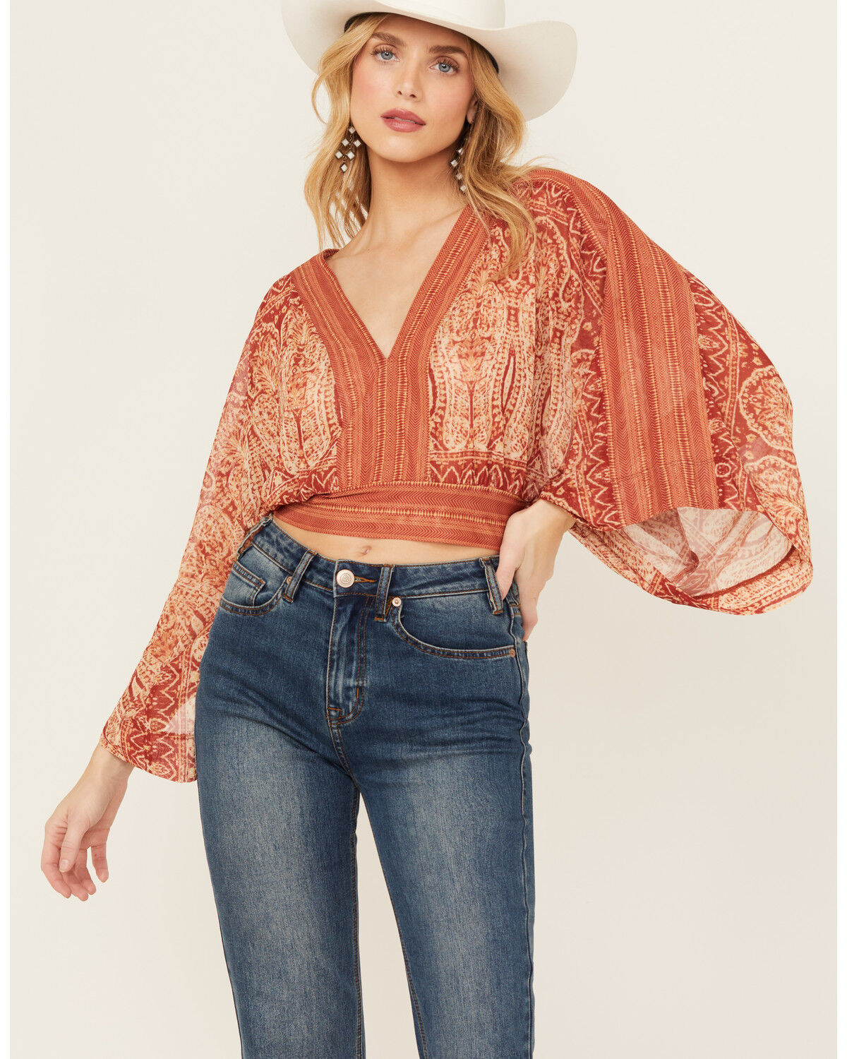 Image #1 - Beyond The Radar Women's Mesh Printed Long Sleeve Crop Top, Rust Copper, hi-res