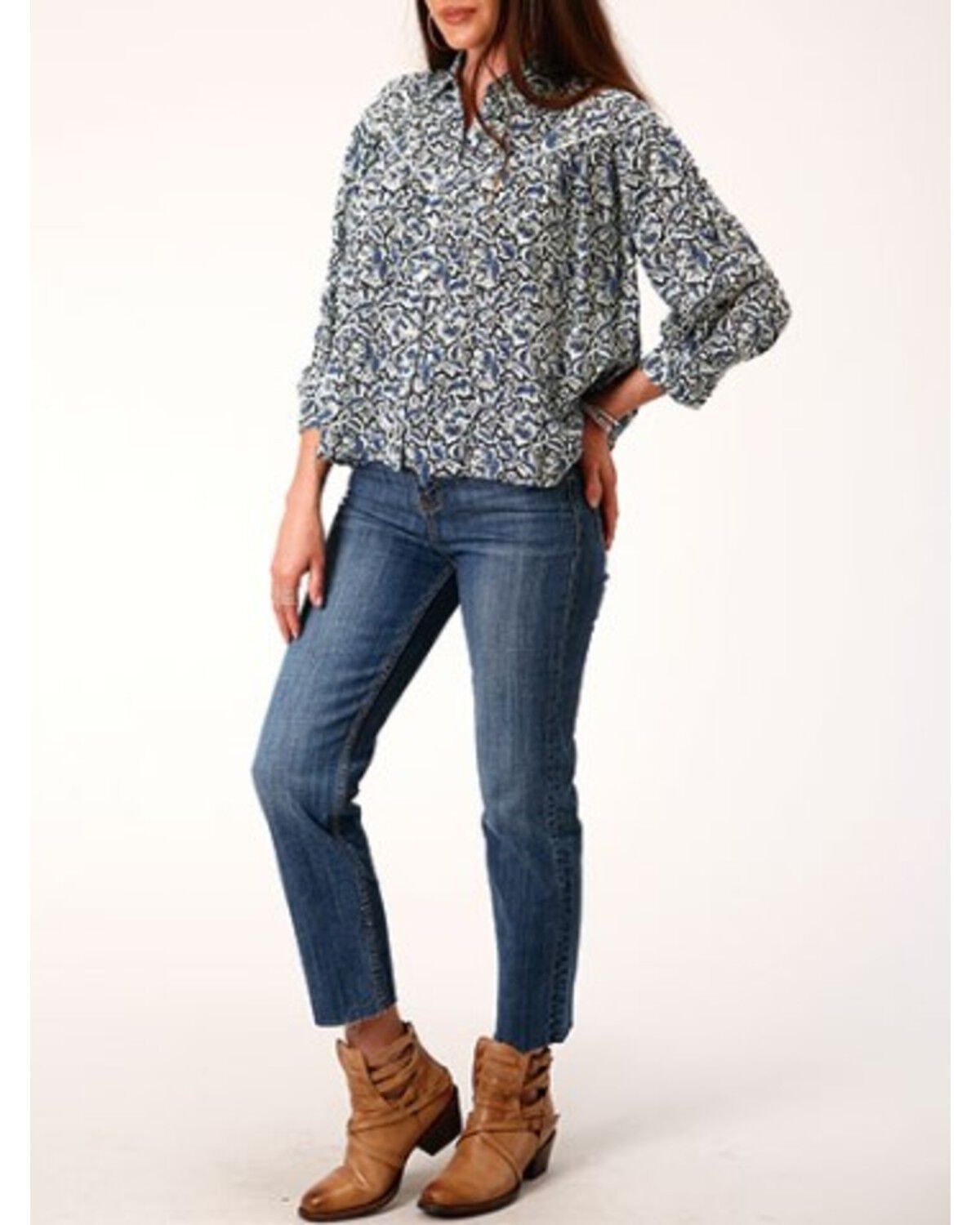 Image #1 - Stetson Women's Floral Long Sleeve Blouse, Black/white, hi-res