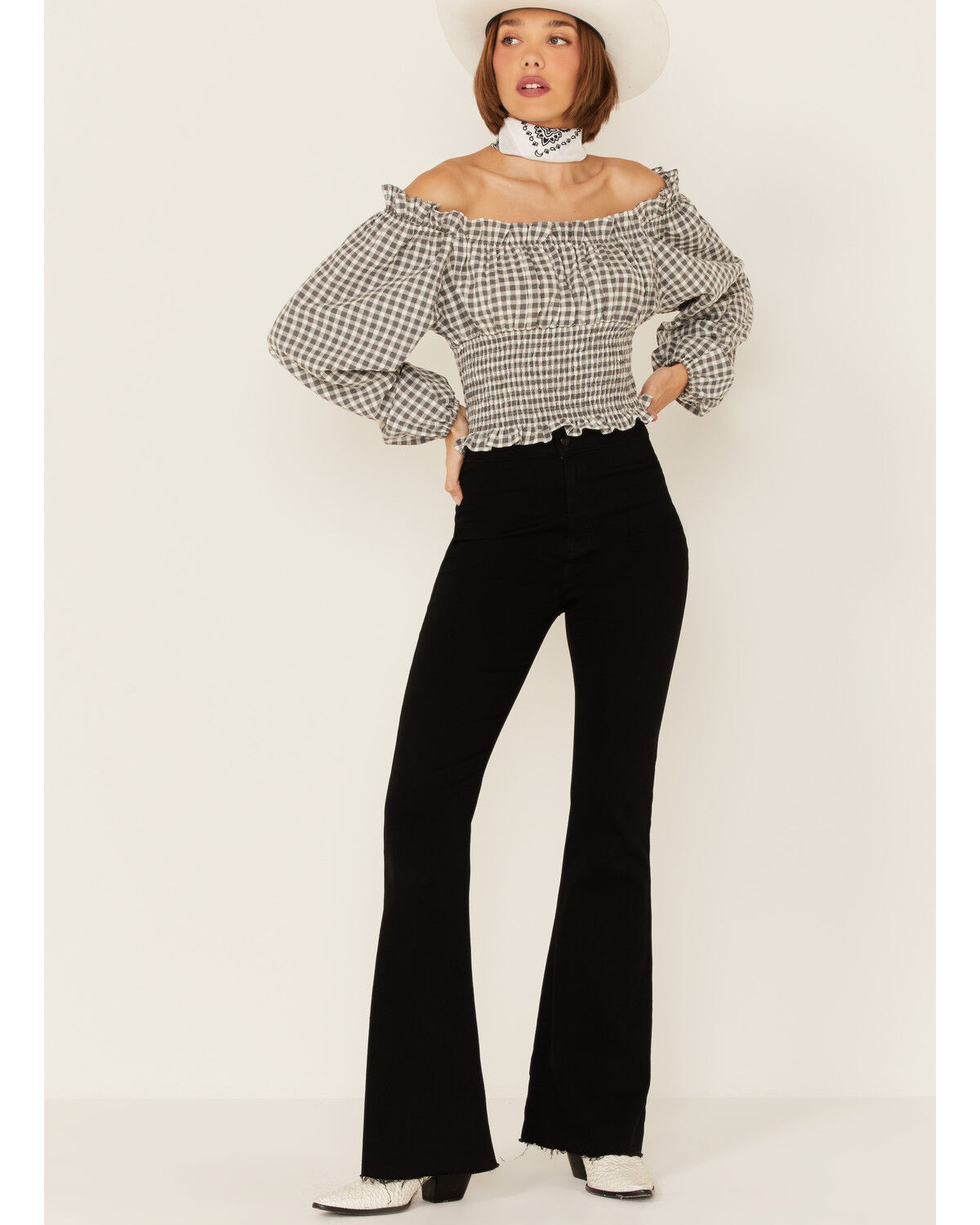 Image #5 - Beyond The Radar Women's Checkered Long Sleeve Crop Peasant Top, Black/white, hi-res