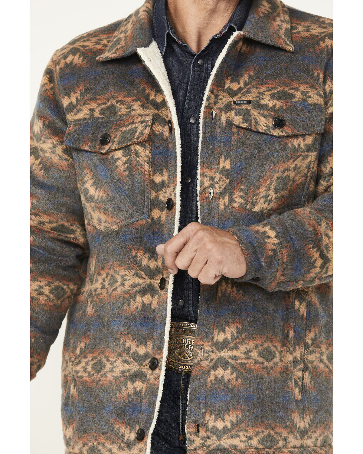 Image #3 - Rock & Roll Denim Men's Southwestern Sherpa Lined Shirt Jacket, Charcoal, hi-res