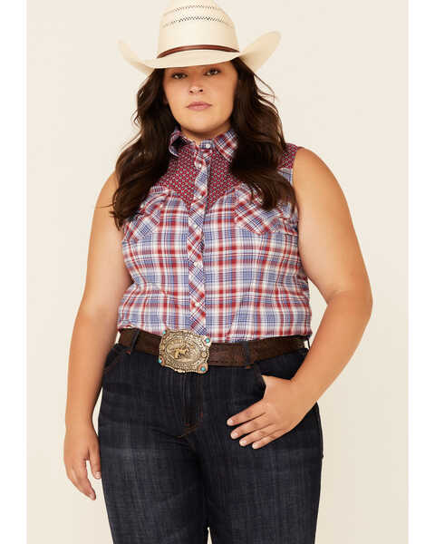 Image #1 - Rough Stock By Panhandle Women's Plaid Contrast Yoke Sleeveless Snap Western Core Shirt - Plus, Red/white/blue, hi-res