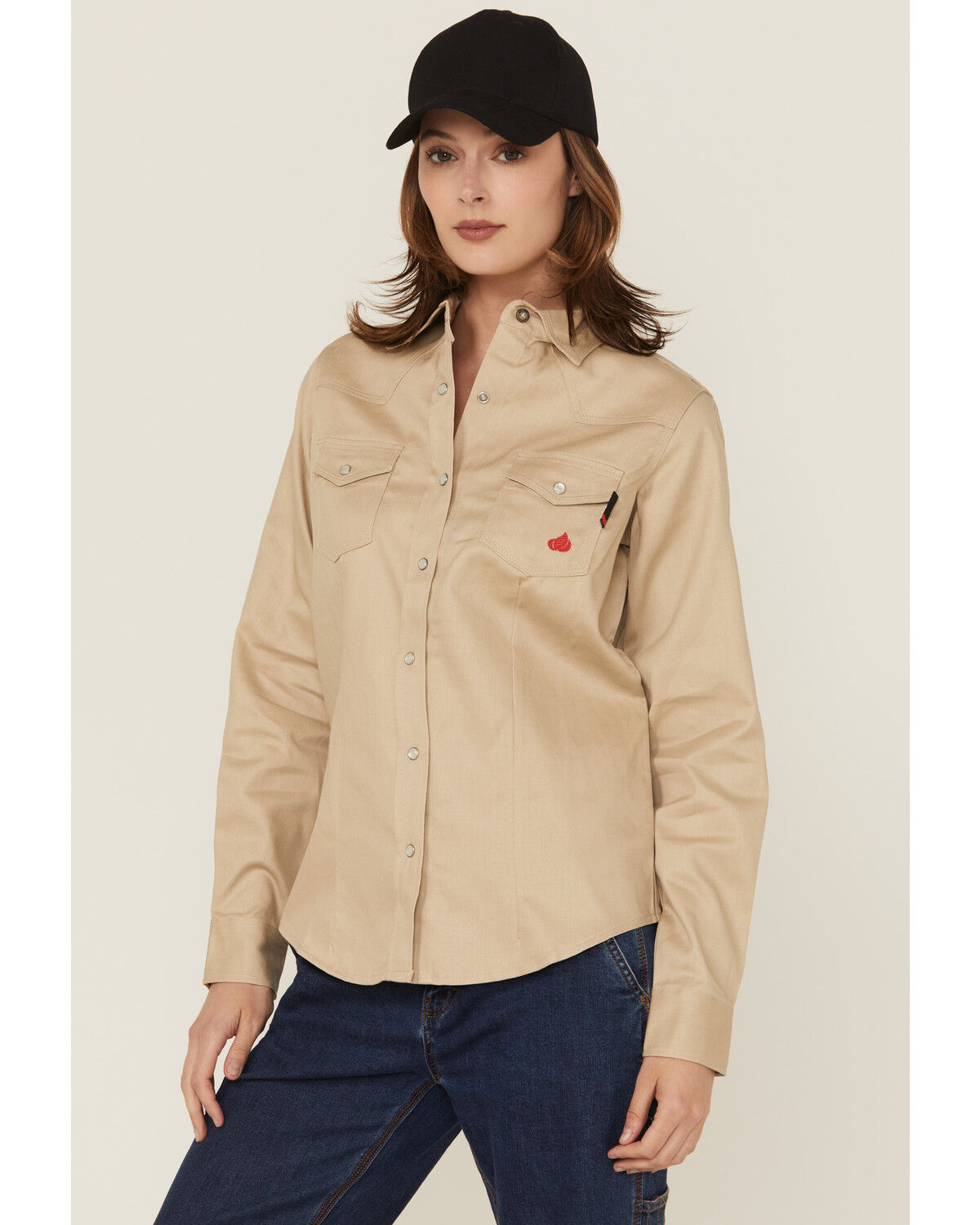 Image #1 - Forge Workwear Women's FR Solid Long Sleeve Snap Stretch Work Shirt, Stone, hi-res