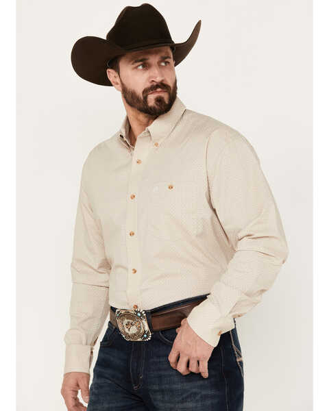 Image #2 - Wrangler Men's Geo Print Long Sleeve Button-Down Western Shirt, Tan, hi-res