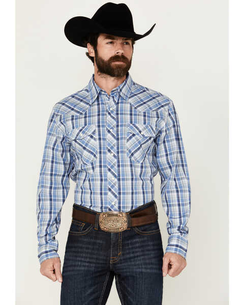 Image #1 - Wrangler 20X Men's Advanced Comfort Plaid Print Long Sleeve Snap Western Shirt, Navy, hi-res