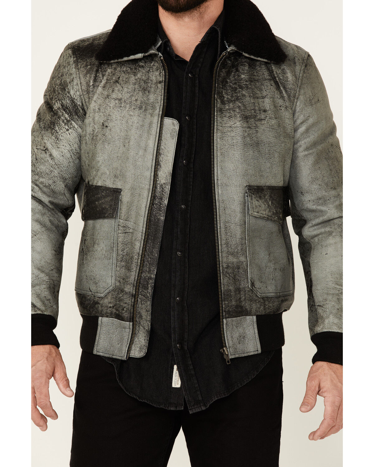 Image #3 - Understated Leather Men's Spirit Distressed Cowhide Zip-Front Leather Bomber Jacket, Distressed Black, hi-res