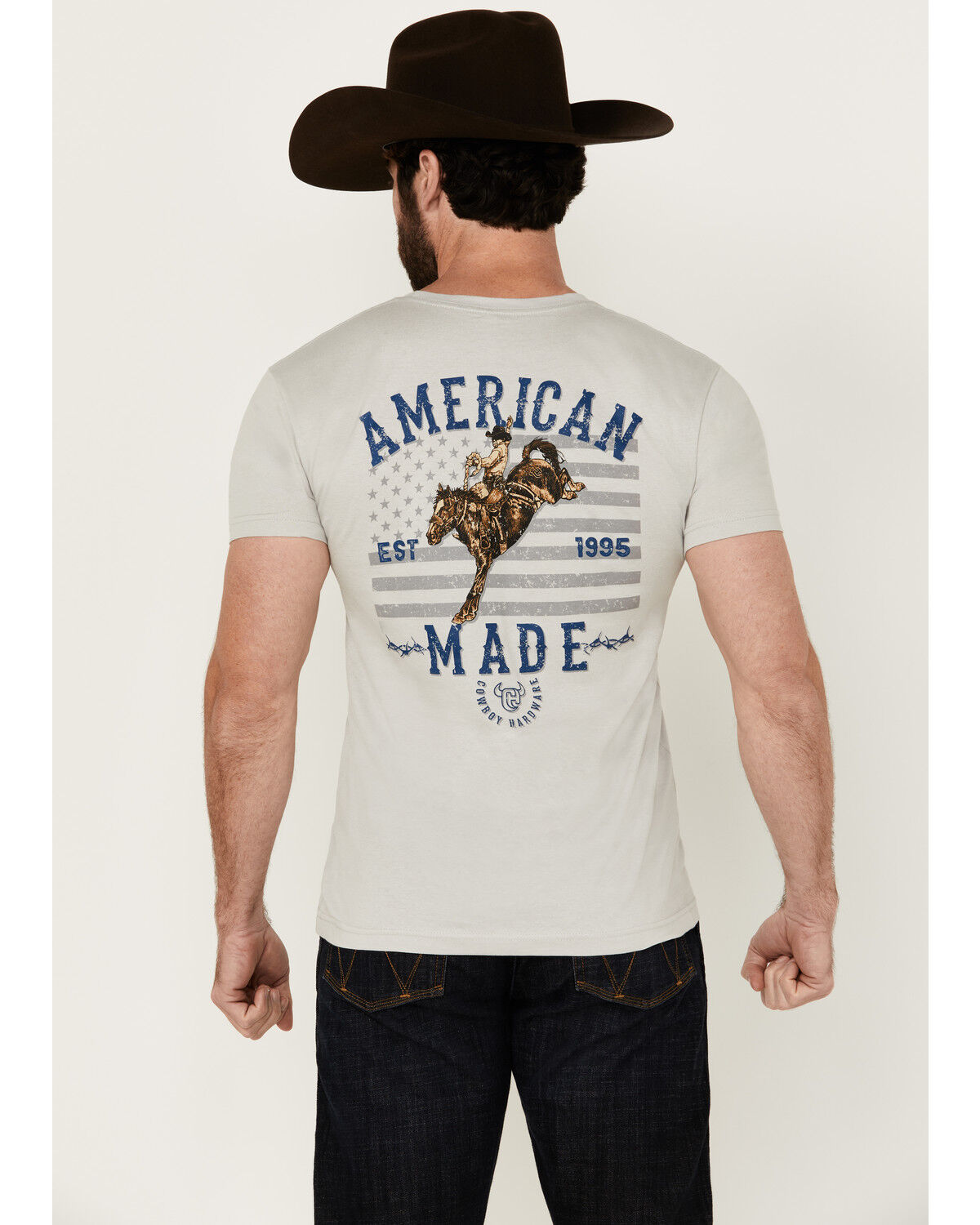 Image #1 - Cowboy Hardware Men's American Made Short Sleeve Graphic T-Shirt, Light Grey, hi-res
