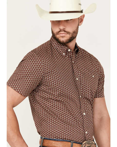 Image #2 - RANK 45® Men's Baytown Geo Print Short Sleeve Button-Down Western Shirt, Brick Red, hi-res