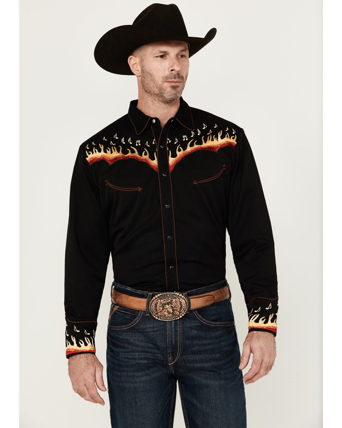 Scully Men's Music Note Flame Embroidered Long Sleeve Snap Western Shirt - Big, Black, hi-res