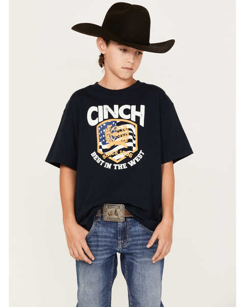 Image #1 - Cinch Boys' Best In The West Logo Graphic T-Shirt, Navy, hi-res