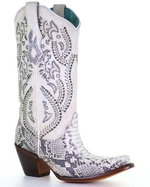 Corral Women's Natural Python Snake Embroidery Western Boots - Snip Toe, Natural, hi-res