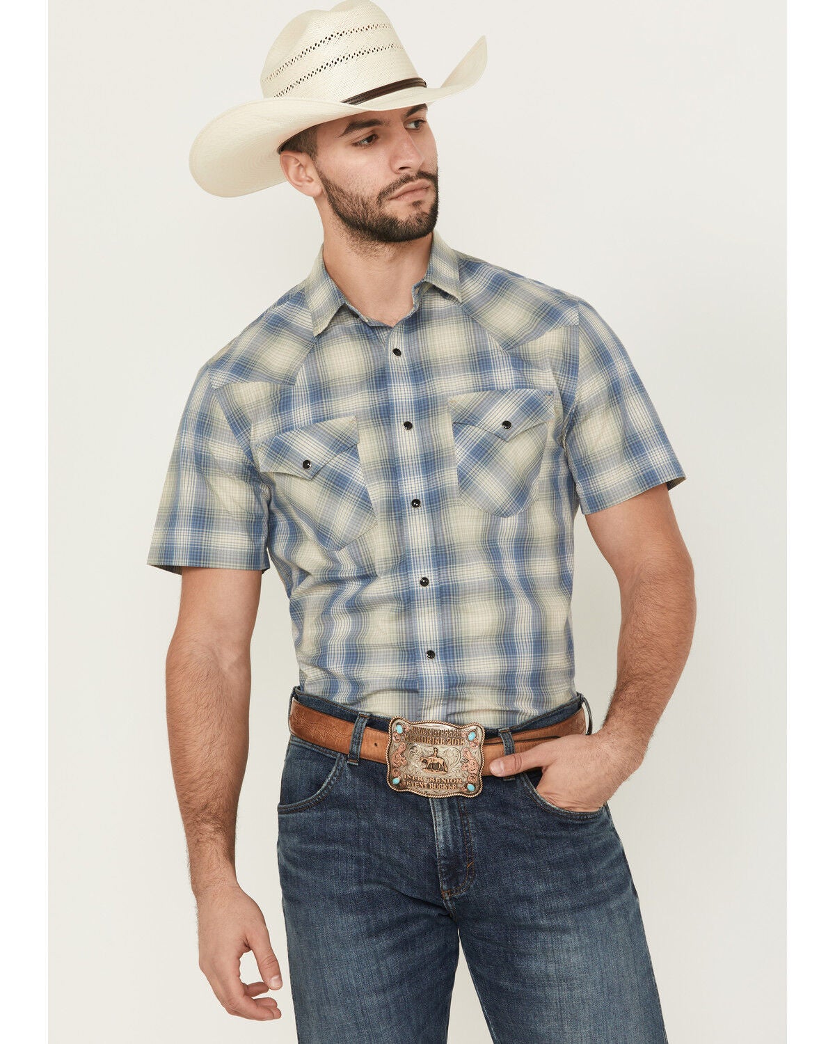 Pendleton Men's Frontier Plaid Print Short Sleeve Snap Stretch Western Shirt, Blue, hi-res