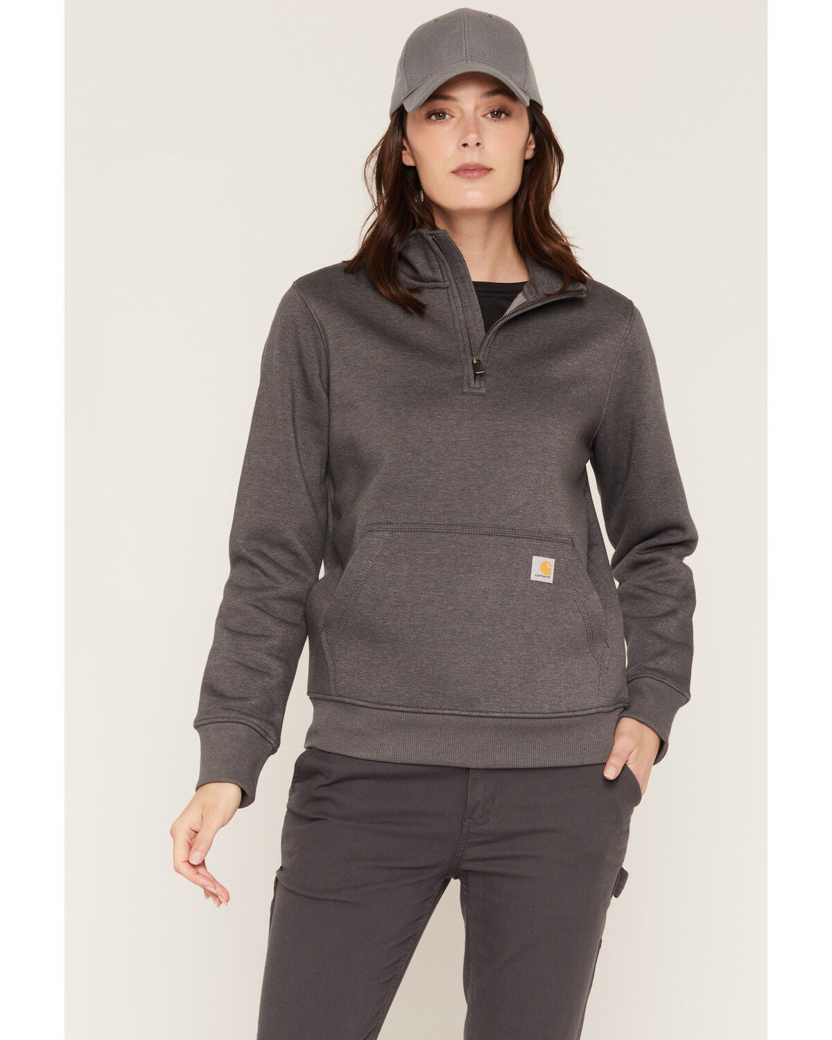 Image #1 - Carhartt Women's Relaxed Fit Midweight Quatre-Zip Mock-Neck Pullover, Charcoal, hi-res