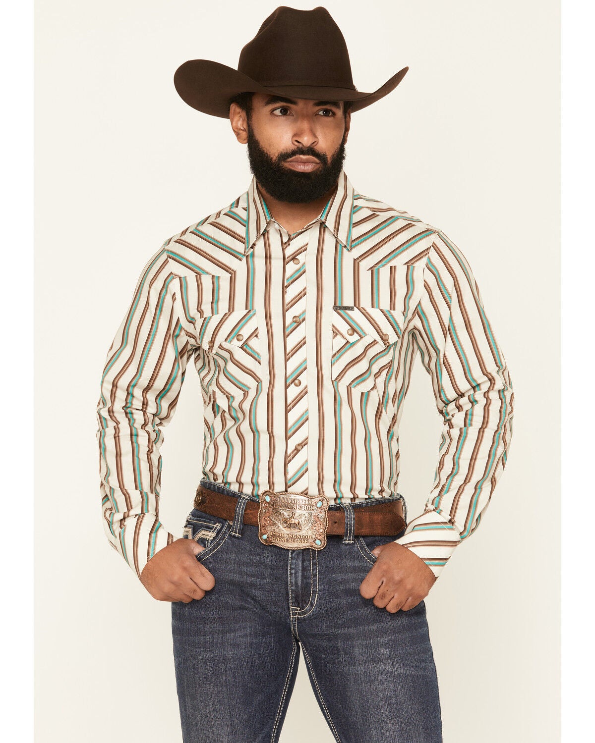 Image #1 - Rock & Roll Denim Men's Striped Long Sleeve Snap Stretch Western Shirt, Cream, hi-res