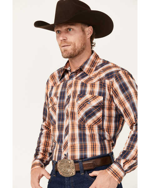 Image #2 - Cowboy Hardware Men's Hermosillo Plaid Print Long Sleeve Snap Western Shirt , Orange, hi-res