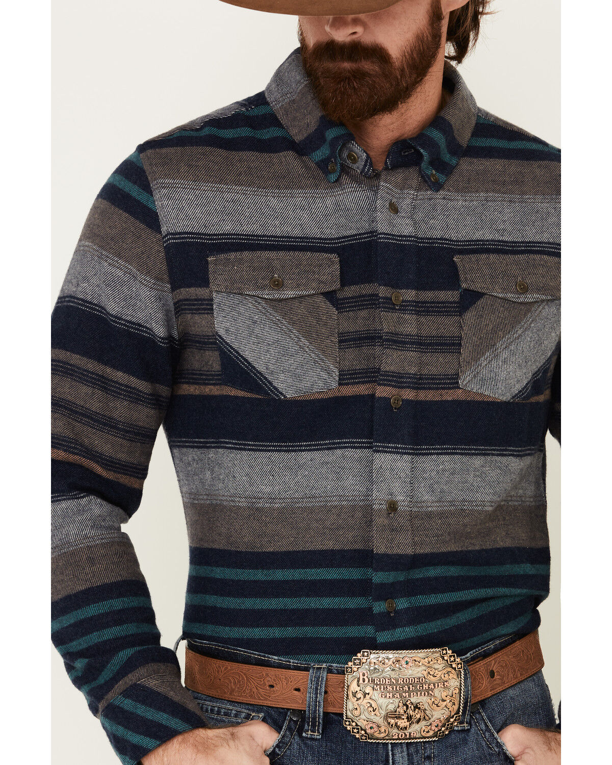 Image #3 - United By Blue Men's Brownstone Responsible Striped Long Sleeve Western Flannel Shirt, Navy, hi-res
