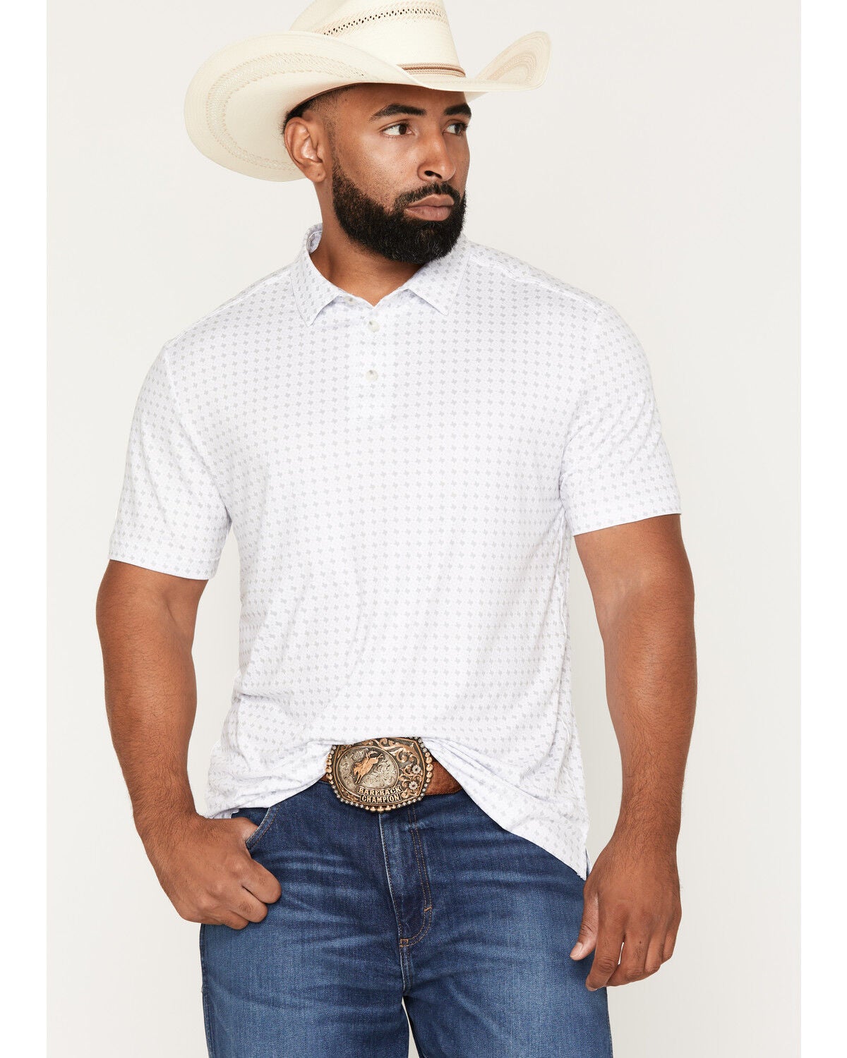 Image #1 - Burlebo Men's Texas Print Short Sleeve Button-Down Polo, White, hi-res