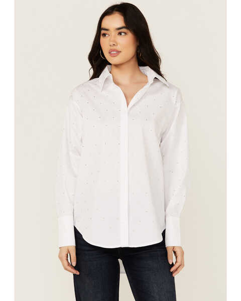 Blue B Women's Solid Rhinestone Long Sleeve Button-Down Shirt, White, hi-res