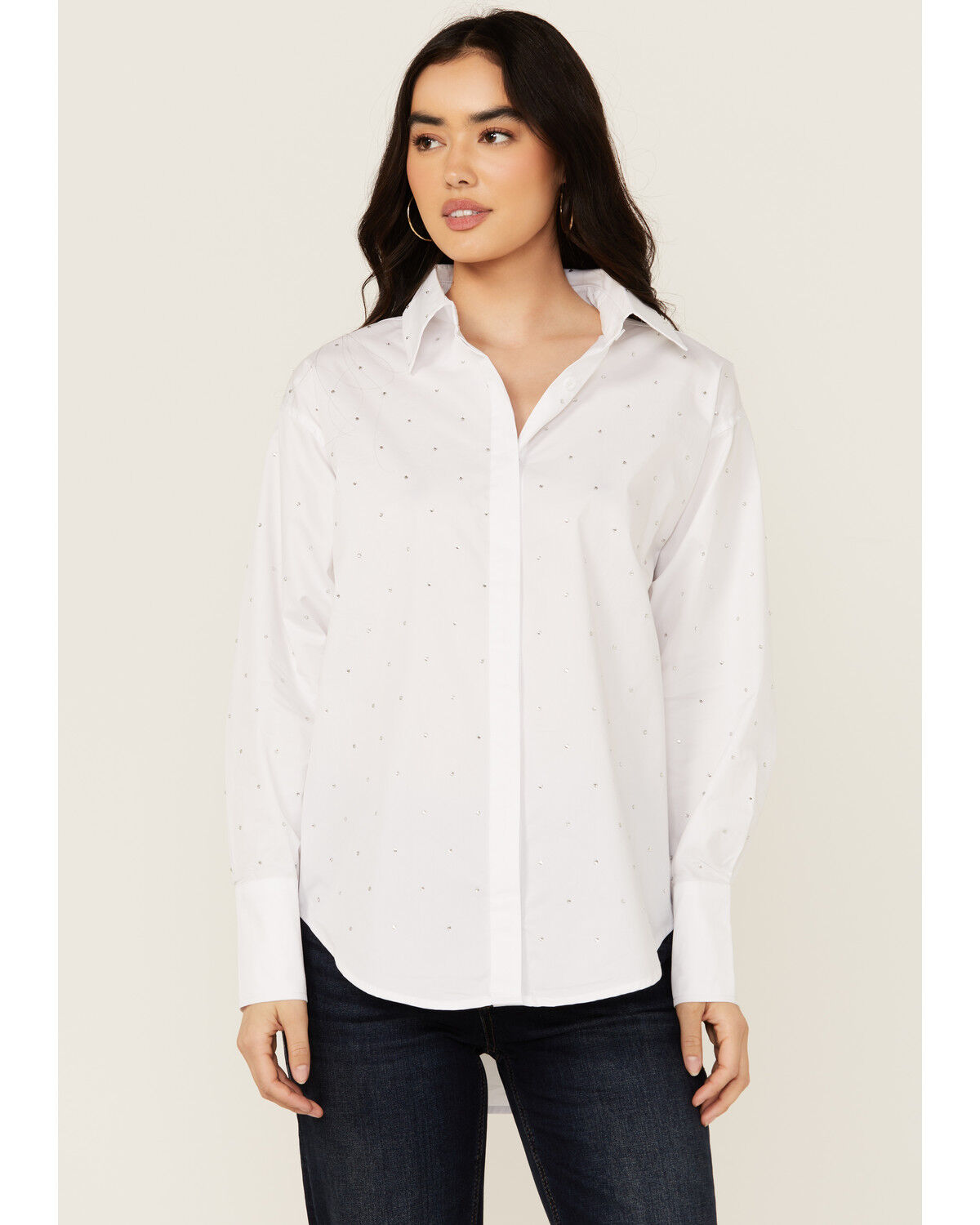 Image #1 - Blue B Women's Solid Rhinestone Long Sleeve Button-Down Shirt, White, hi-res