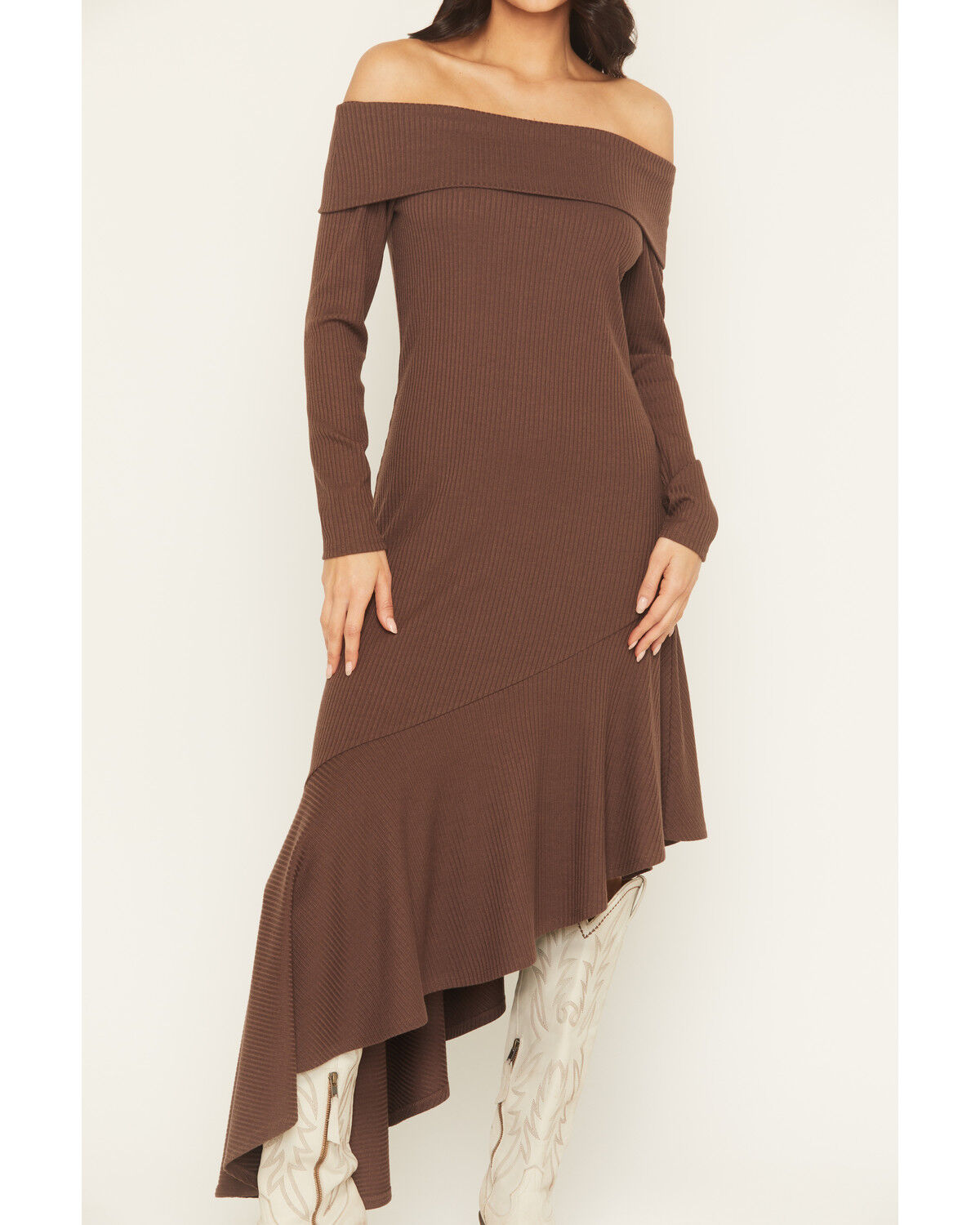 Image #3 - Shyanne Women's Rib Knit Off The Shoulder Long Sleeve Asymmetrical Dress, Brown, hi-res