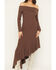 Image #3 - Shyanne Women's Rib Knit Off The Shoulder Long Sleeve Asymmetrical Dress, Brown, hi-res