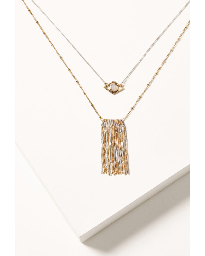 Shyanne Women's Gold & Silver Evil Eye Fringe Double Layered Necklace, Silver, hi-res