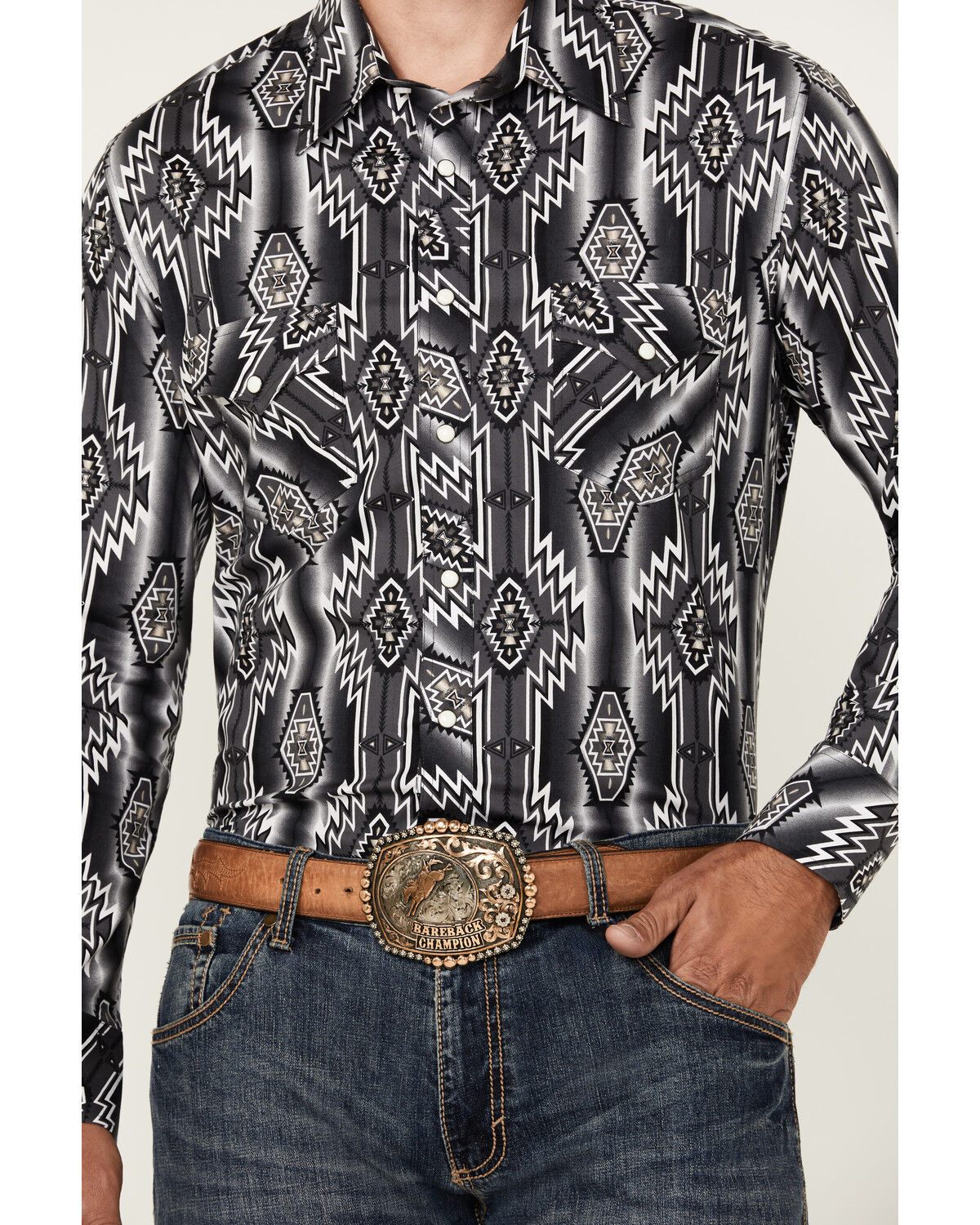 Image #3 - Rock & Roll Denim Men's Southwestern Print Long Sleeve Snap Stretch Western Shirt, Black, hi-res
