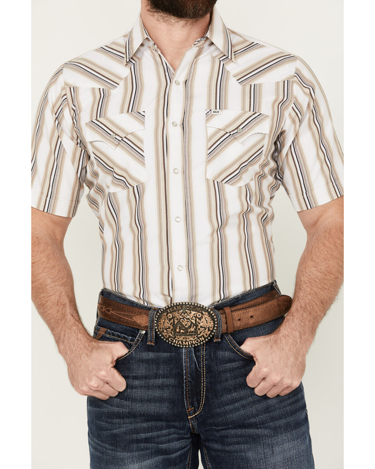 Image #3 - Ely Walker Men's Striped Print Short Sleeve Snap Western Shirt, Tan, hi-res