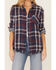 Angie Women's Blue Double Faced Fray Hem Plaid Shirt, Blue, hi-res