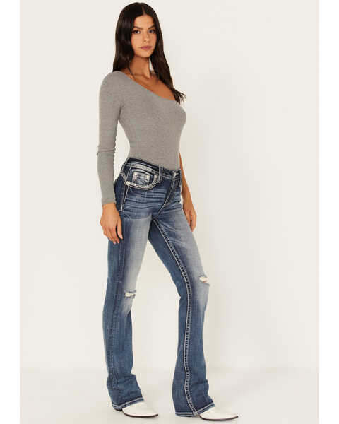 Image #3 - Miss Me Women's Medium Wash Mid Rise Embroidered Paisley Distressed Bootcut Jeans - Long, Dark Blue, hi-res