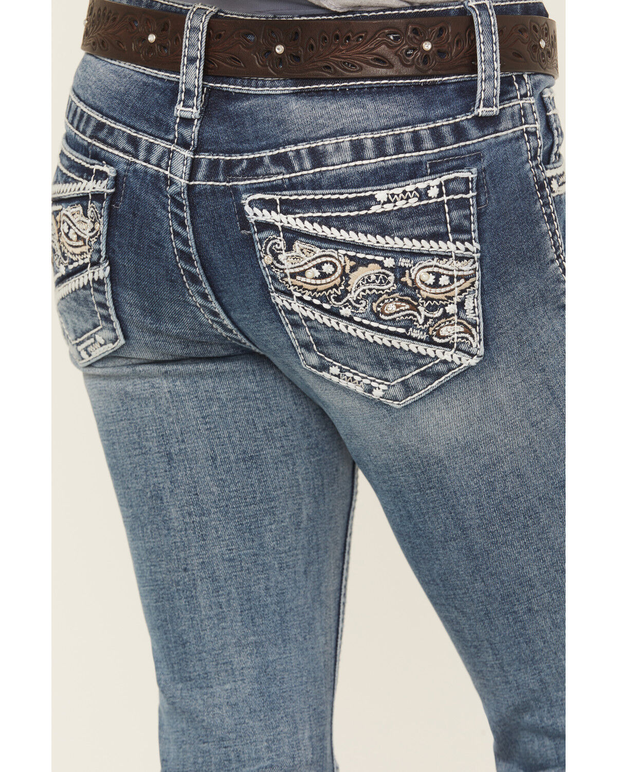 Image #2 - Grace in LA Girls' Medium Wash Paisley Pocket Bootcut Stretch Denim Jeans, Medium Wash, hi-res